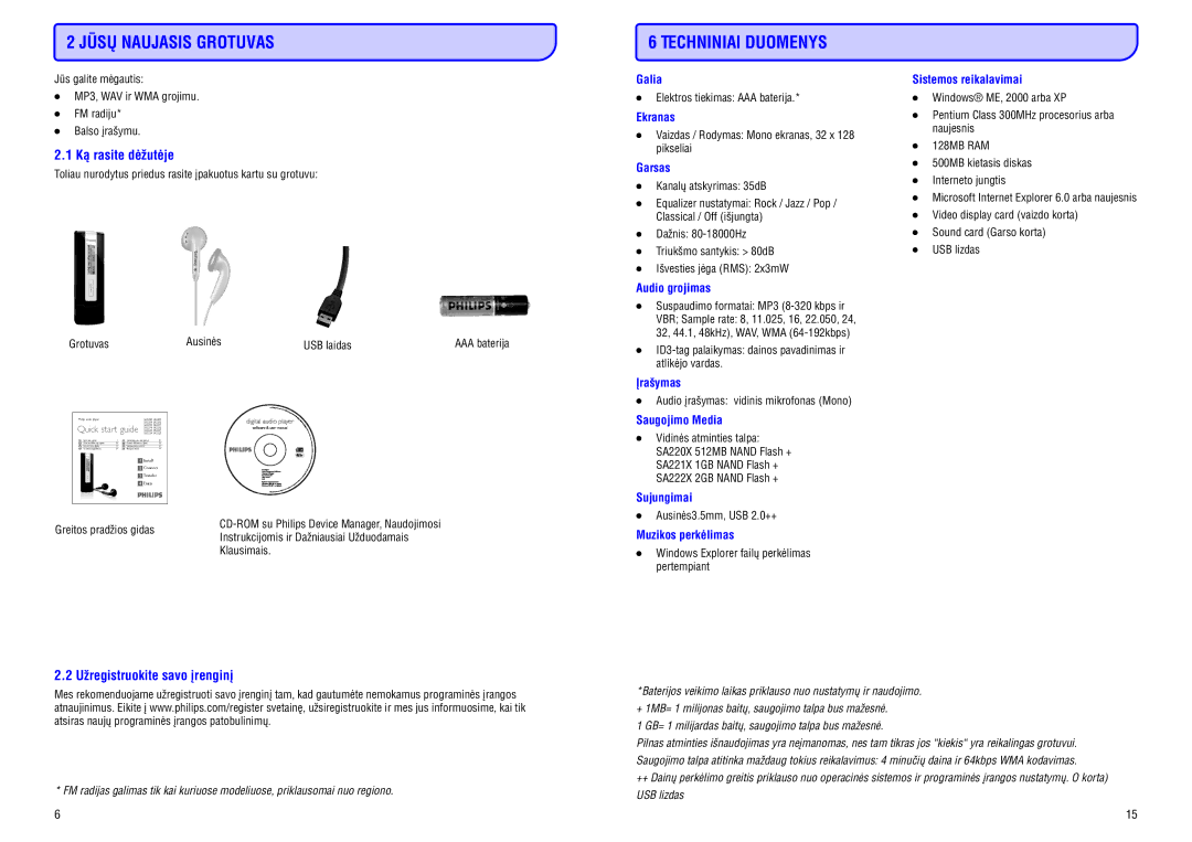 Philips SA2210, SA2215 manual Jûsø Naujasis Grotuvas, Techniniai Duomenys, Kà rasite dëþutëje, Uþregistruokite savo árenginá 