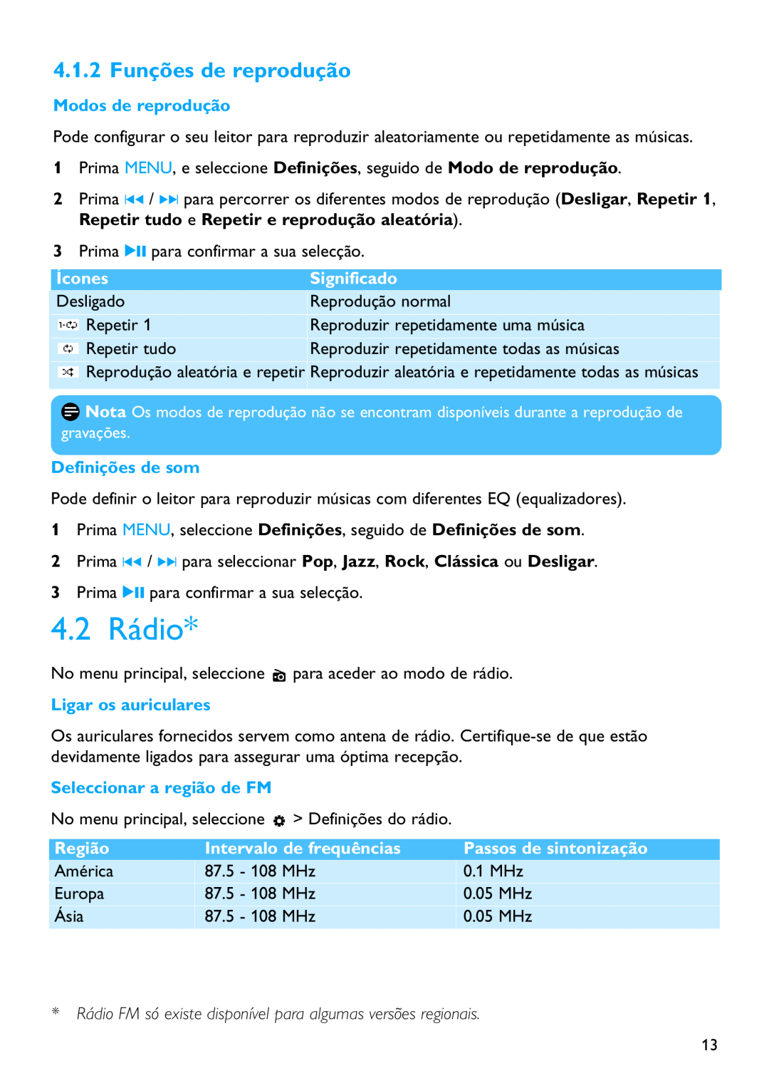 Philips SA2220 4.2 Rádio, 4.1.2 Funções de reprodução, Modos de reprodução, Ícones, Significado, Definições de som, Região 
