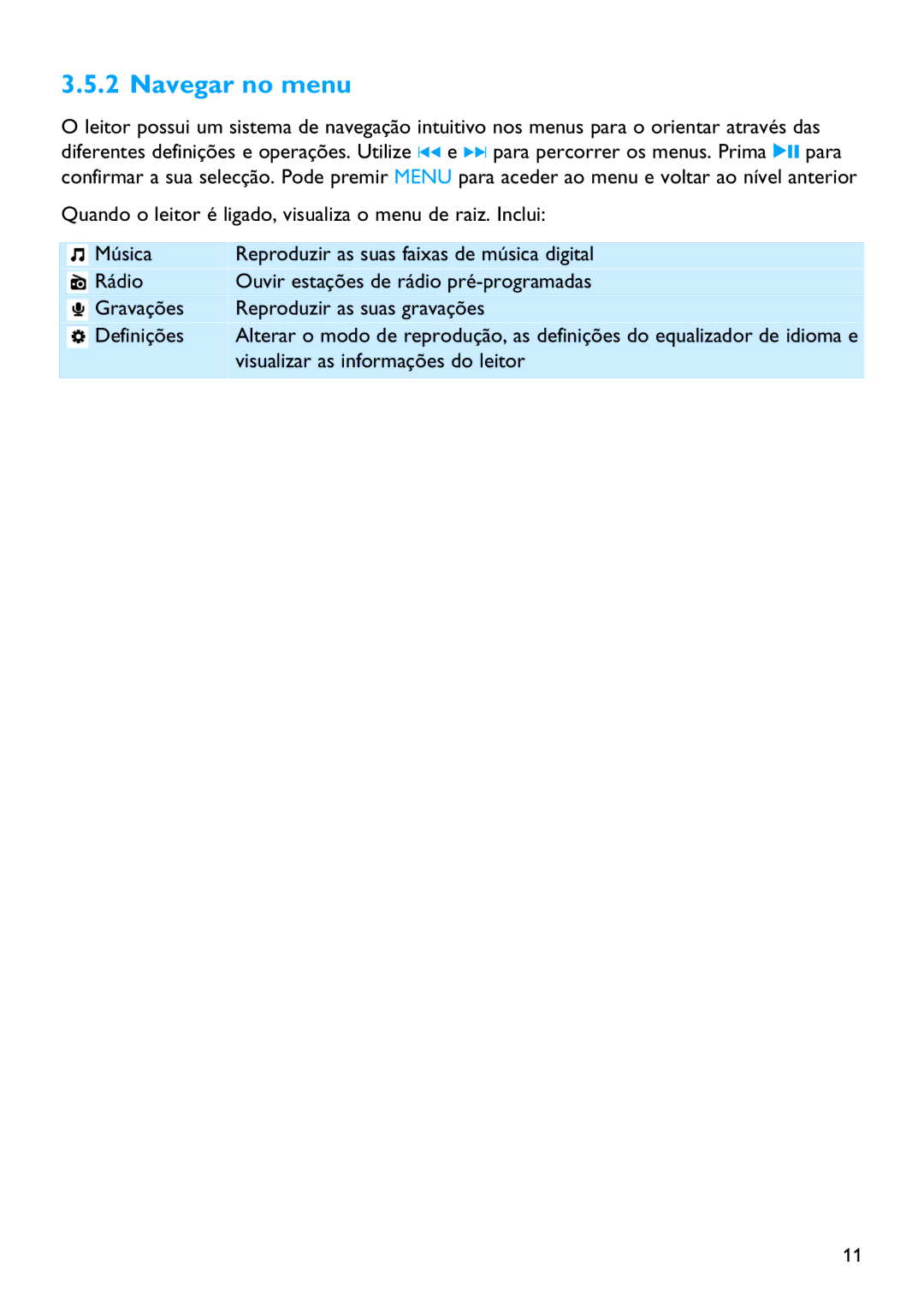 Philips SA2211, SA2215, SA2214, SA2220, SA2201, SA2210, SA2204, SA2221, SA2225, SA2224 manual Navegar no menu 