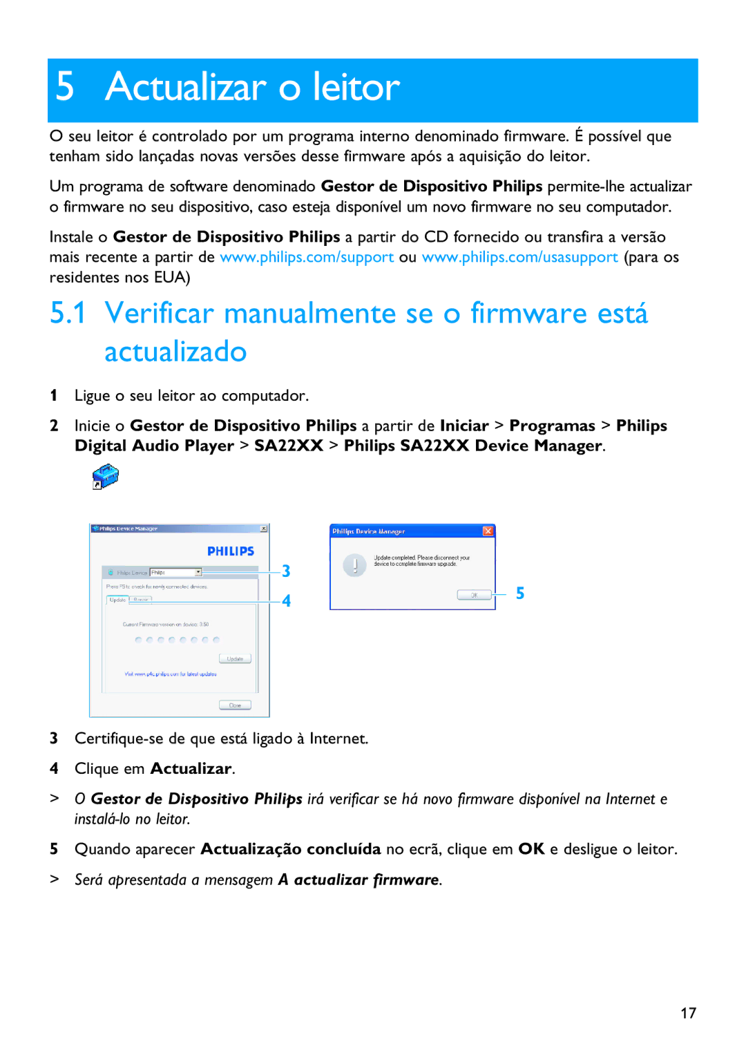 Philips SA2221, SA2215, SA2211, SA2214, SA2220 Actualizar o leitor, Verificar manualmente se o firmware está actualizado 