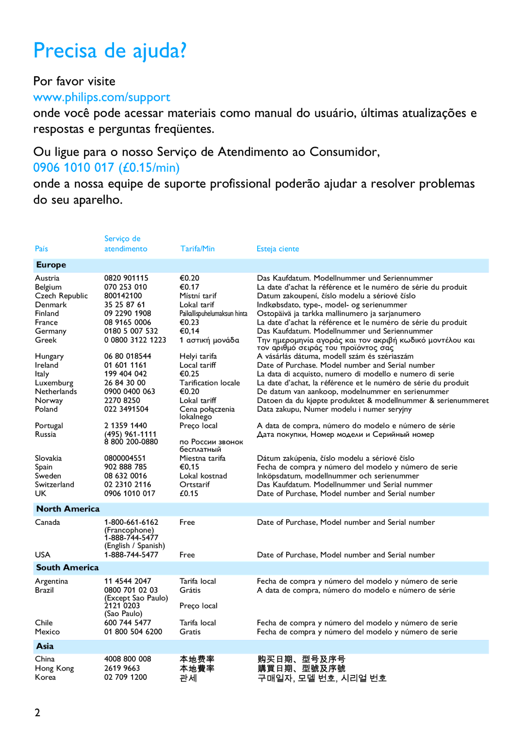 Philips SA2214, SA2215, SA2211, SA2220, SA2201, SA2210, SA2204, SA2221, SA2225, SA2224 manual Precisa de ajuda?, Europe 
