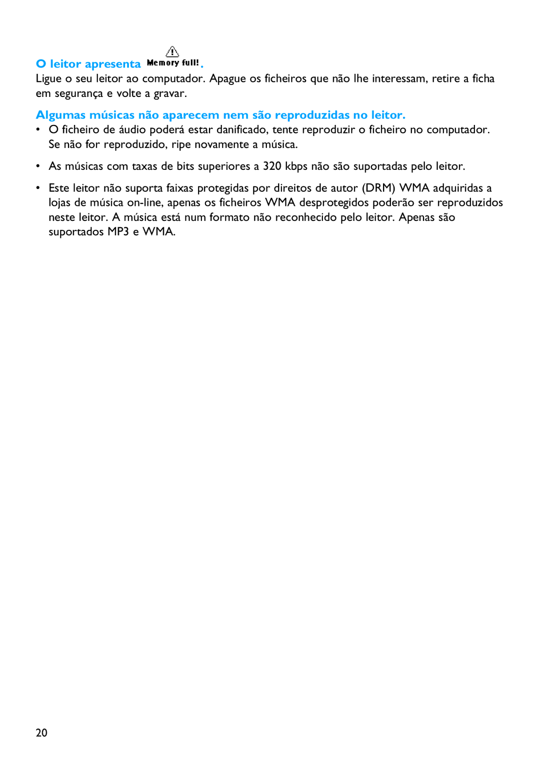 Philips SA2215, SA2211, SA2214, SA2220, SA2201, SA2210, SA2204 manual Algumas músicas não aparecem nem são reproduzidas no leitor 