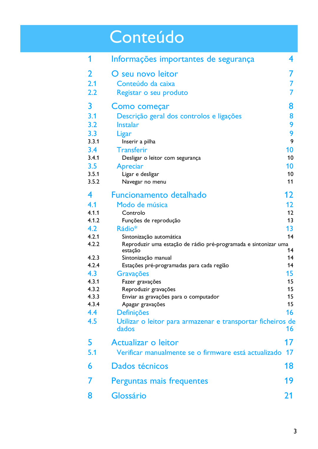 Philips SA2220, SA2215, SA2211, SA2214, SA2201, SA2210, SA2204, SA2221, SA2225, SA2224 manual Conteúdo, Como começar 