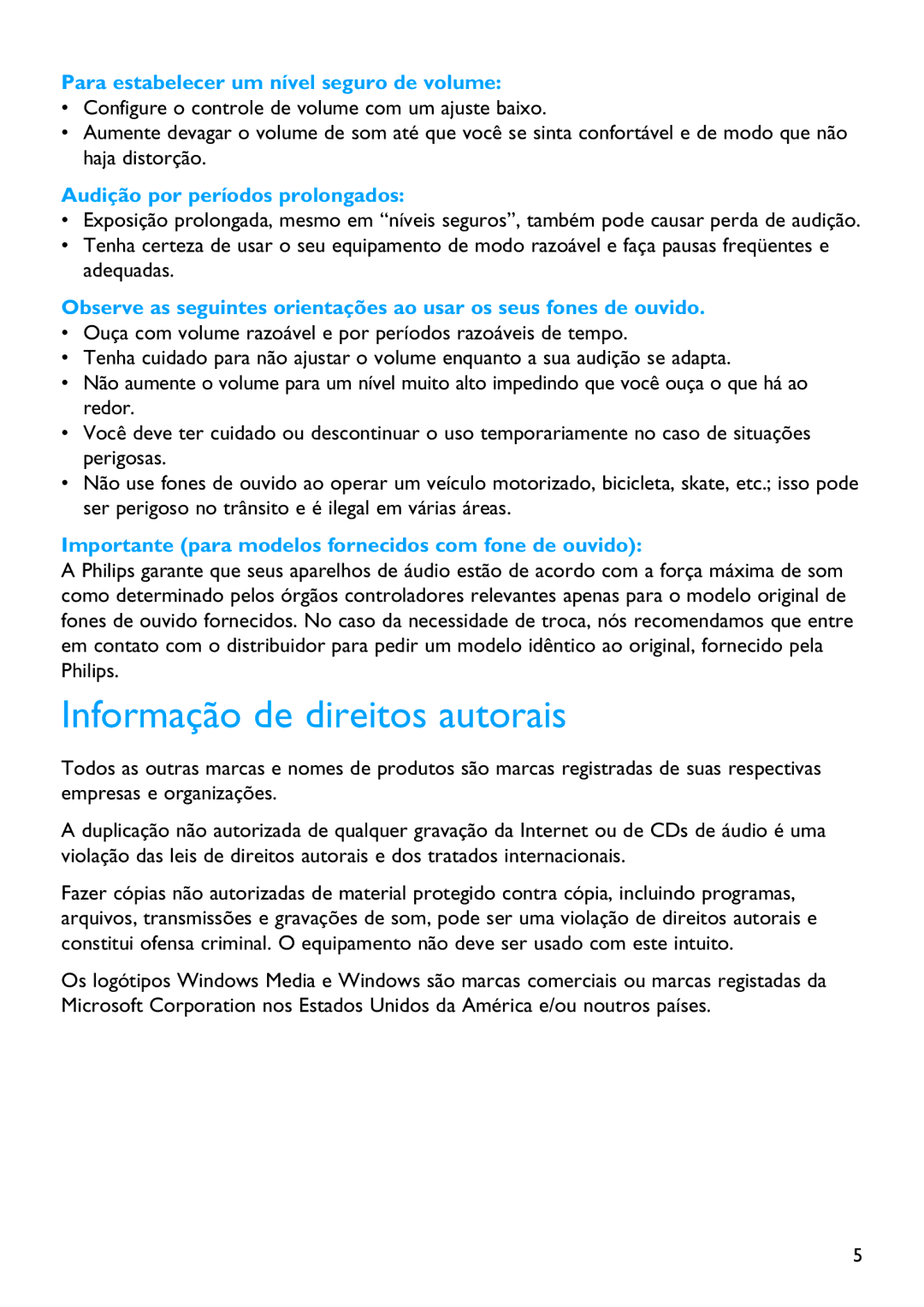 Philips SA2210, SA2215, SA2211, SA2214, SA2220 Informação de direitos autorais, Para estabelecer um nível seguro de volume 