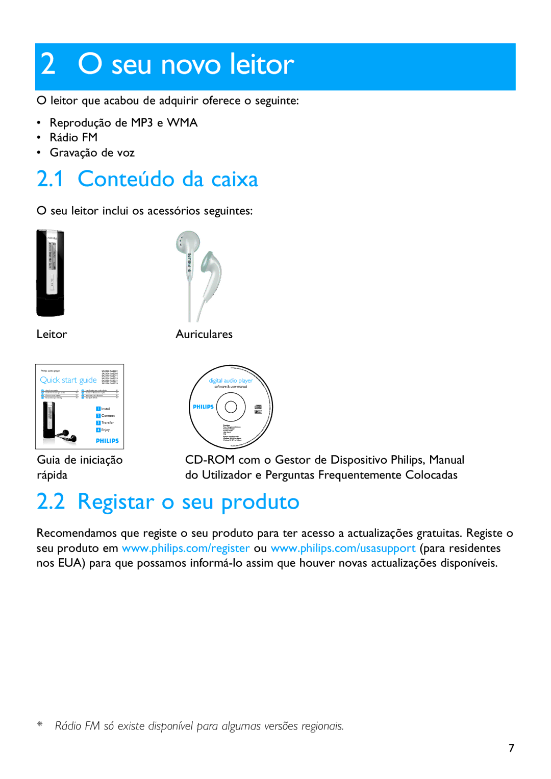 Philips SA2221, SA2215, SA2211, SA2214, SA2220, SA2201, SA2210 manual Seu novo leitor, Conteúdo da caixa, Registar o seu produto 