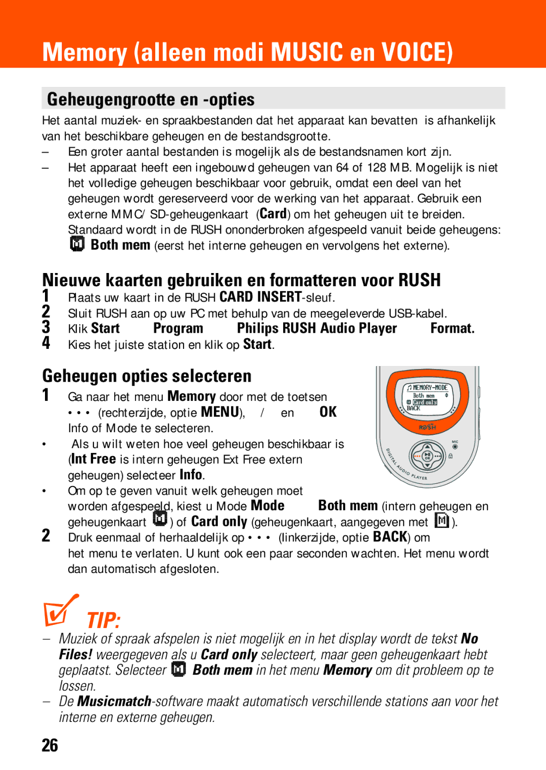 Philips SA230, SA235 manual Memory alleen modi Music en Voice, Geheugengrootte en -opties, Geheugen opties selecteren 