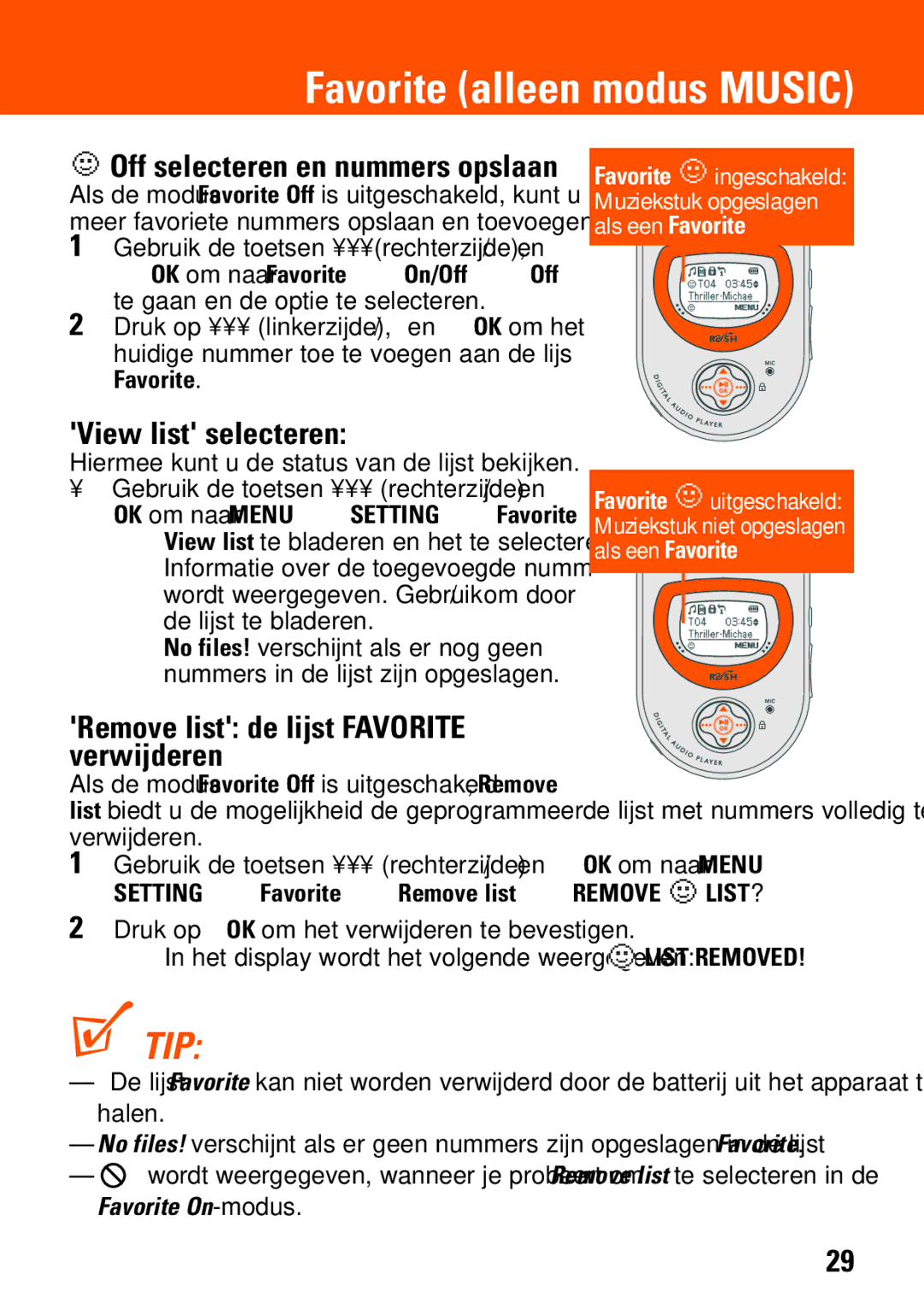 Philips SA235 View list selecteren, Remove list de lijst Favorite verwijderen, Setting y Favorite y Remove list y Remove 