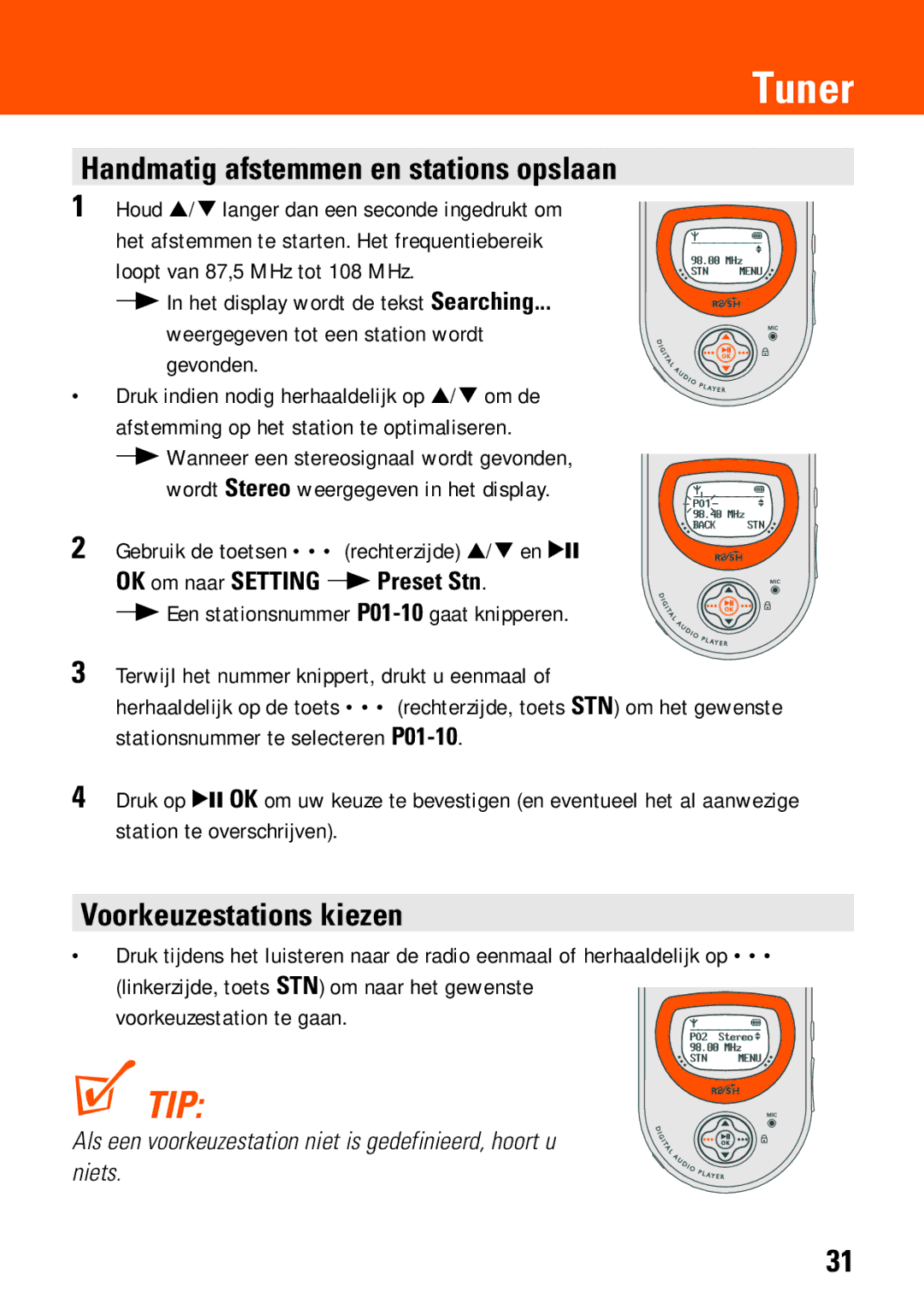 Philips SA235, SA230 Handmatig afstemmen en stations opslaan, Voorkeuzestations kiezen, OK om naar Setting y Preset Stn 