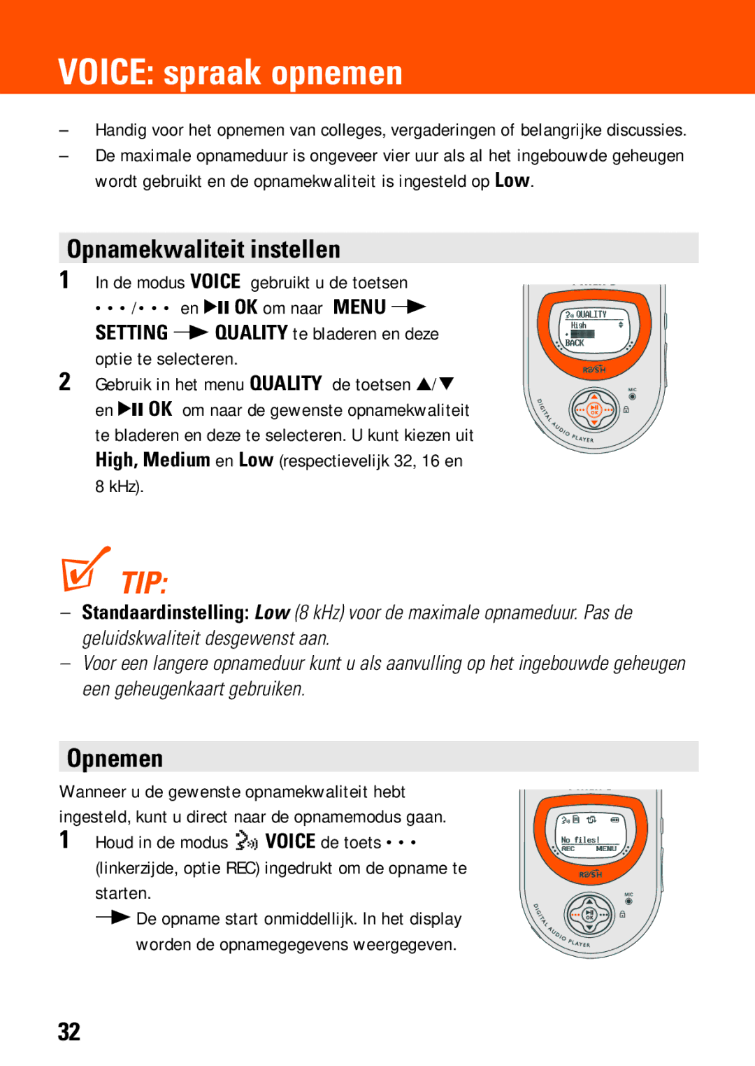 Philips SA230, SA235 manual Voice spraak opnemen, Opnamekwaliteit instellen, Opnemen 