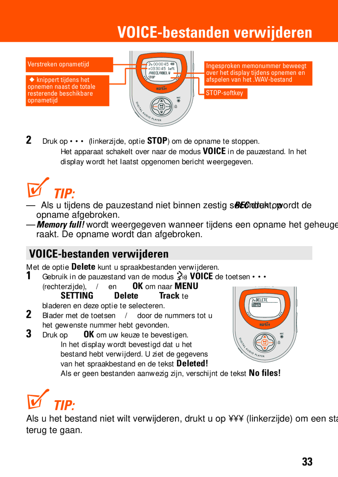 Philips SA235, SA230 manual VOICE-bestanden verwijderen, Druk op linkerzijde, optie Stop om de opname te stoppen 