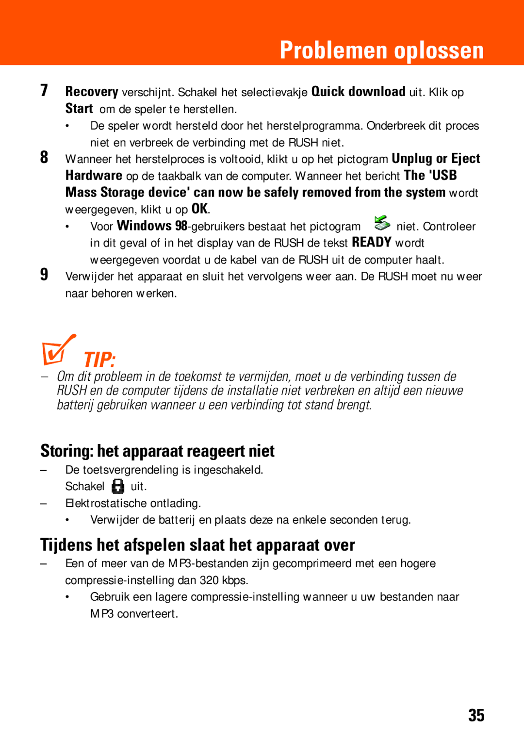 Philips SA235, SA230 manual Storing het apparaat reageert niet, Tijdens het afspelen slaat het apparaat over 