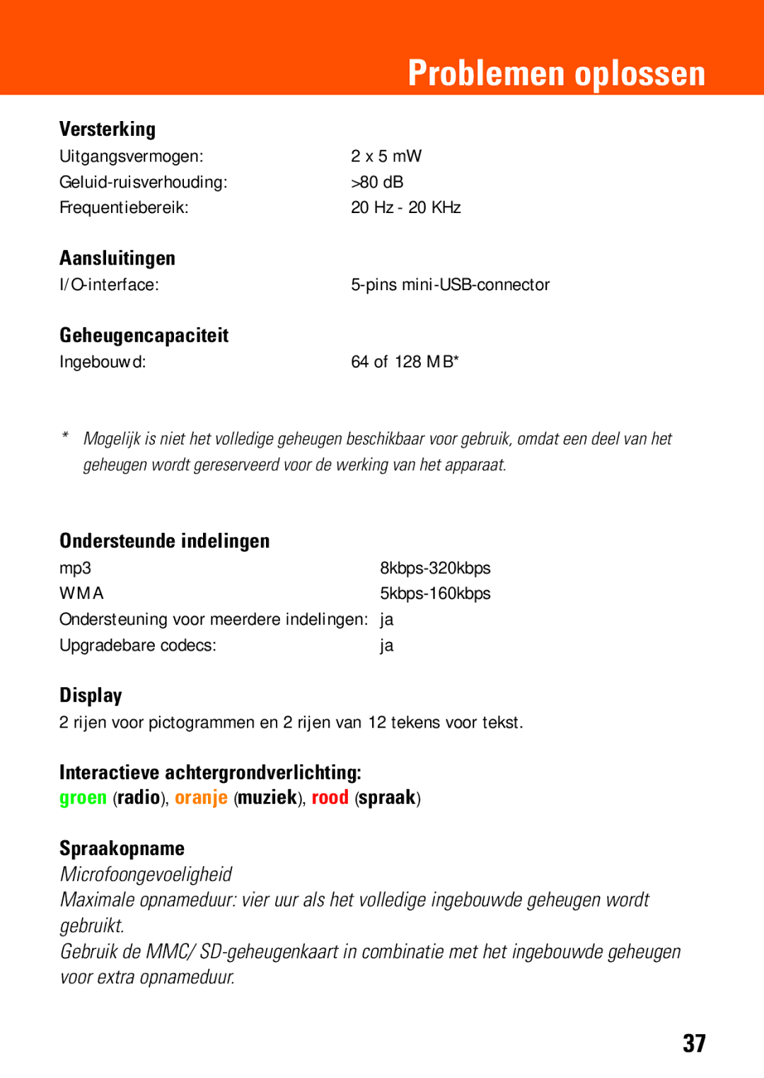 Philips SA235, SA230 manual Versterking, Aansluitingen, Geheugencapaciteit, Ondersteunde indelingen, Display 