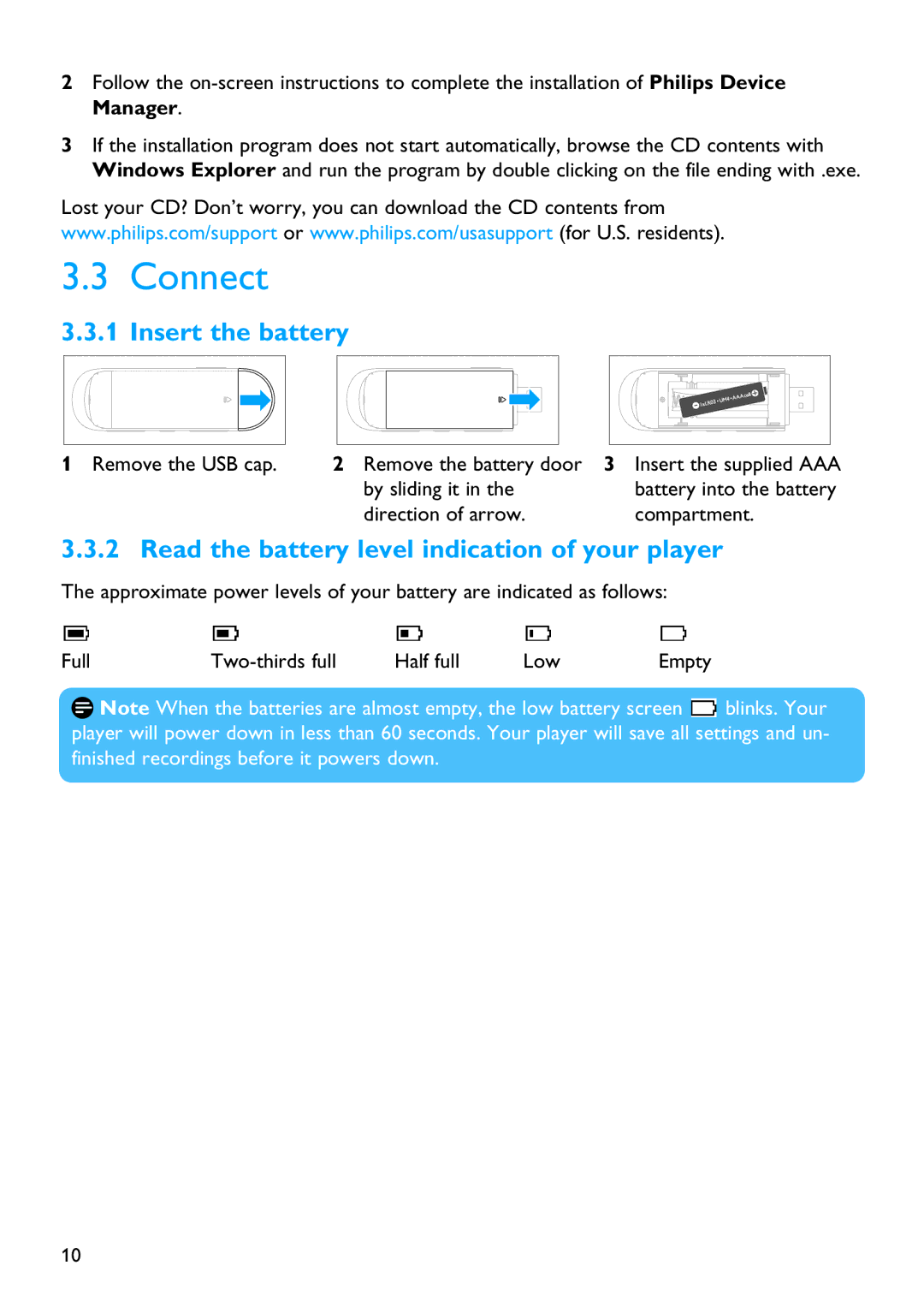 Philips SA2300, SA2320, SA2325, SA2310, SA2305 Connect, Insert the battery, Read the battery level indication of your player 