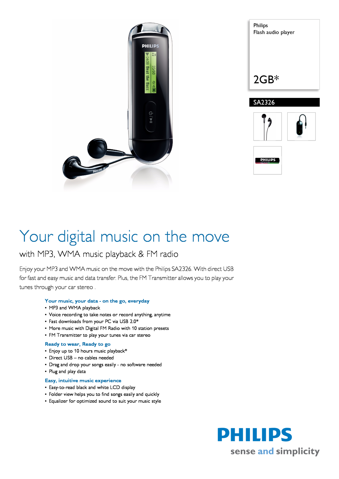 Philips SA2326 manual Philips Flash audio player, Your digital music on the move, with MP3, WMA music playback & FM radio 