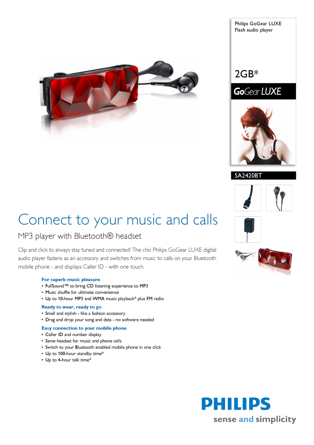 Philips SA2420BT manual For superb music pleasure, Ready to wear, ready to go, Easy connection to your mobile phone 