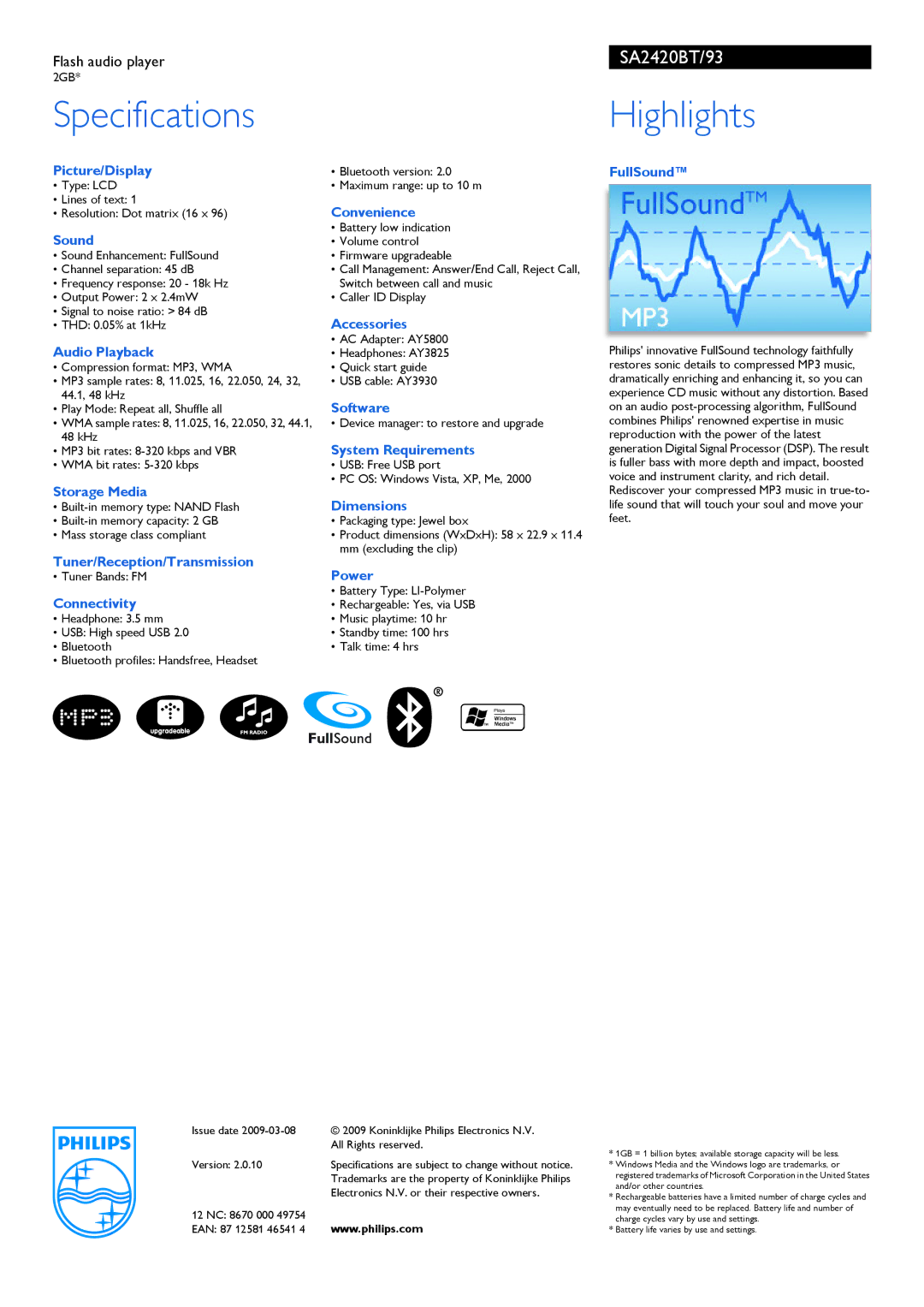 Philips SA2420BT manual Specifications, Highlights 