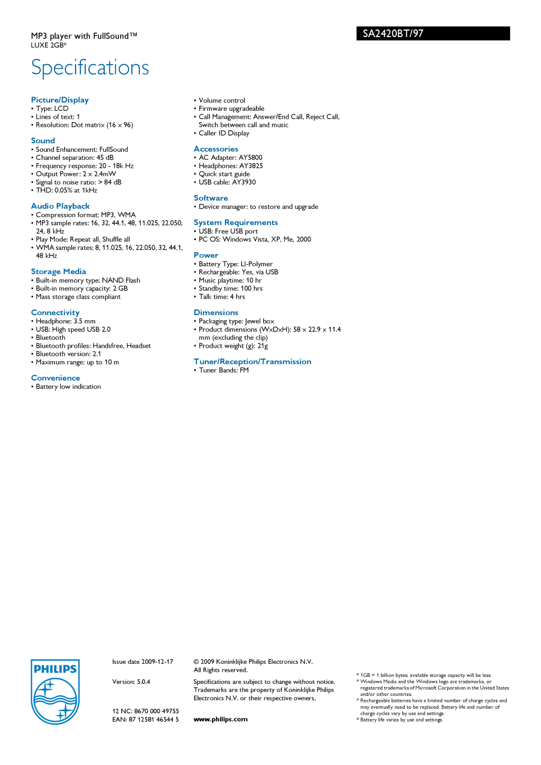 Philips SA2420BT/97 manual Specifications 