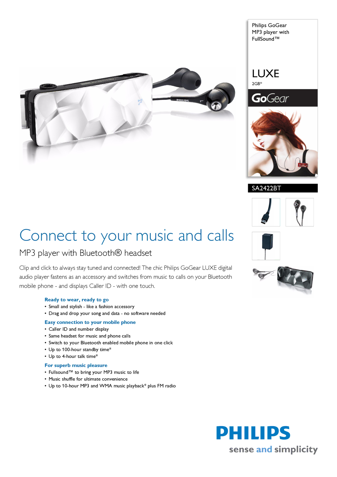 Philips SA2422BT/97 manual Ready to wear, ready to go, Easy connection to your mobile phone, For superb music pleasure 