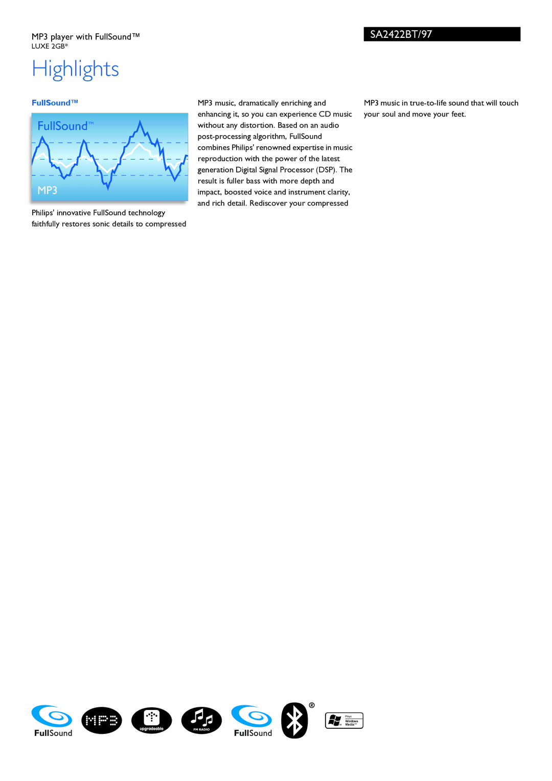 Philips SA2422BT/97 manual Highlights, FullSound 