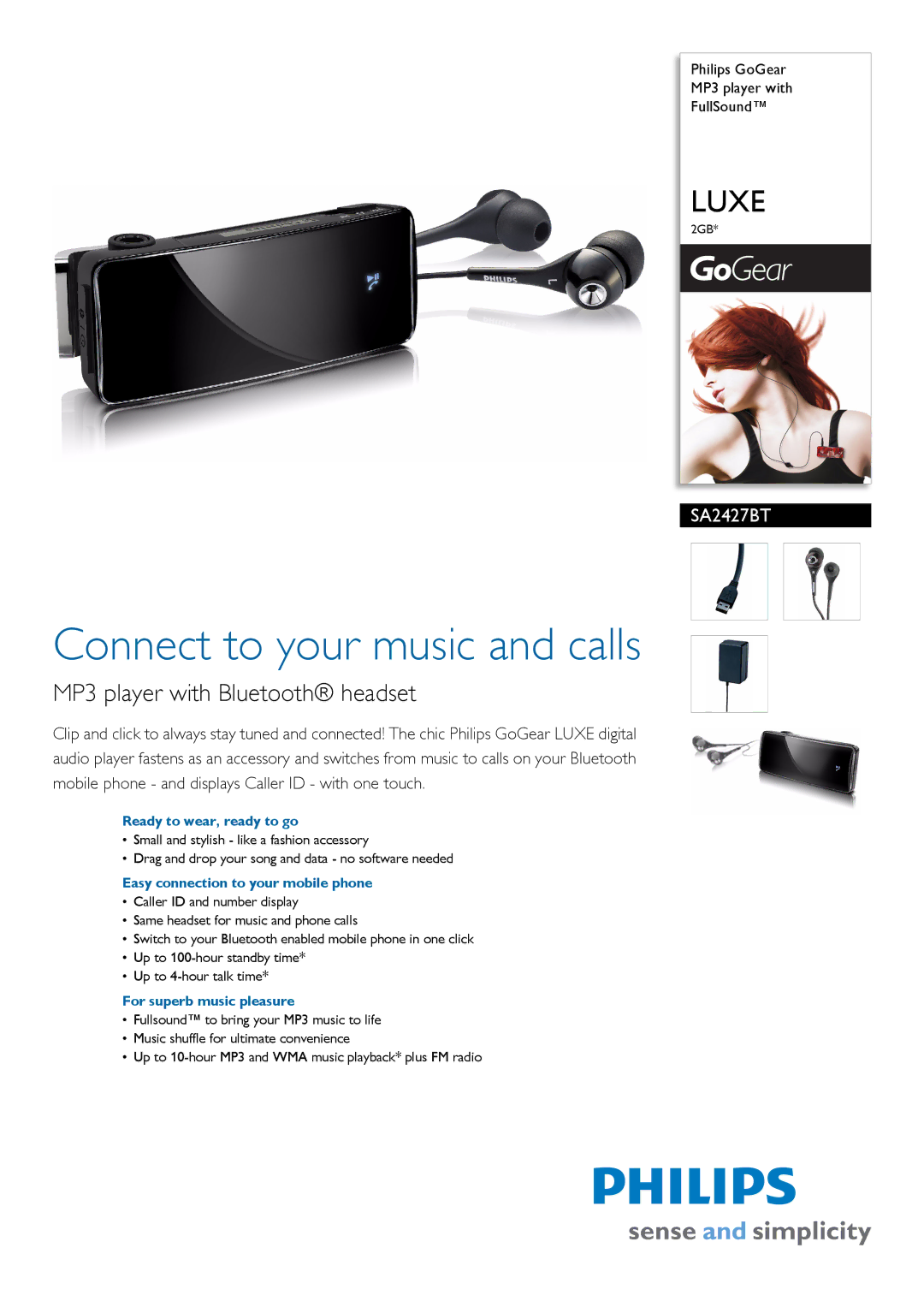 Philips SA2427BT/97 manual Ready to wear, ready to go, Easy connection to your mobile phone, For superb music pleasure 