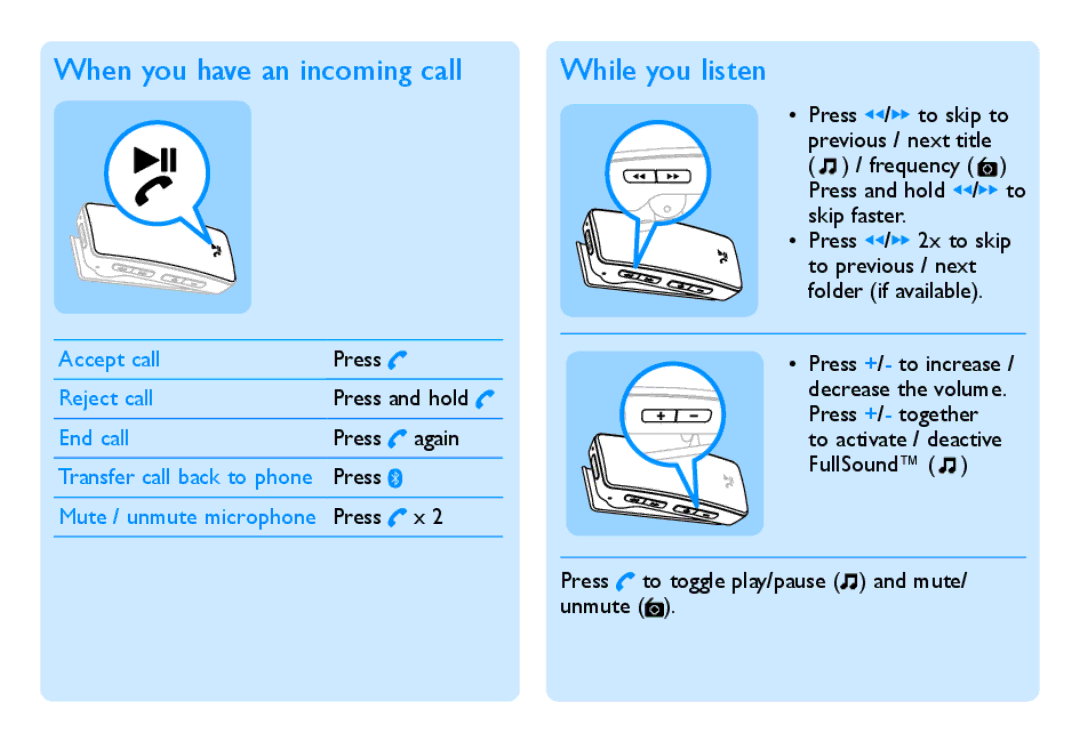 Philips SA2440BT, SA2441BT, SA2445BT, SA2442BT, SA2427BT, SA2425BT, SA2447BT When you have an incoming call, While you listen 