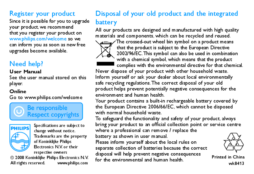 Philips SA2427BT, SA2441BT Register your product, Need help?, Disposal of your old product and the integrated battery 