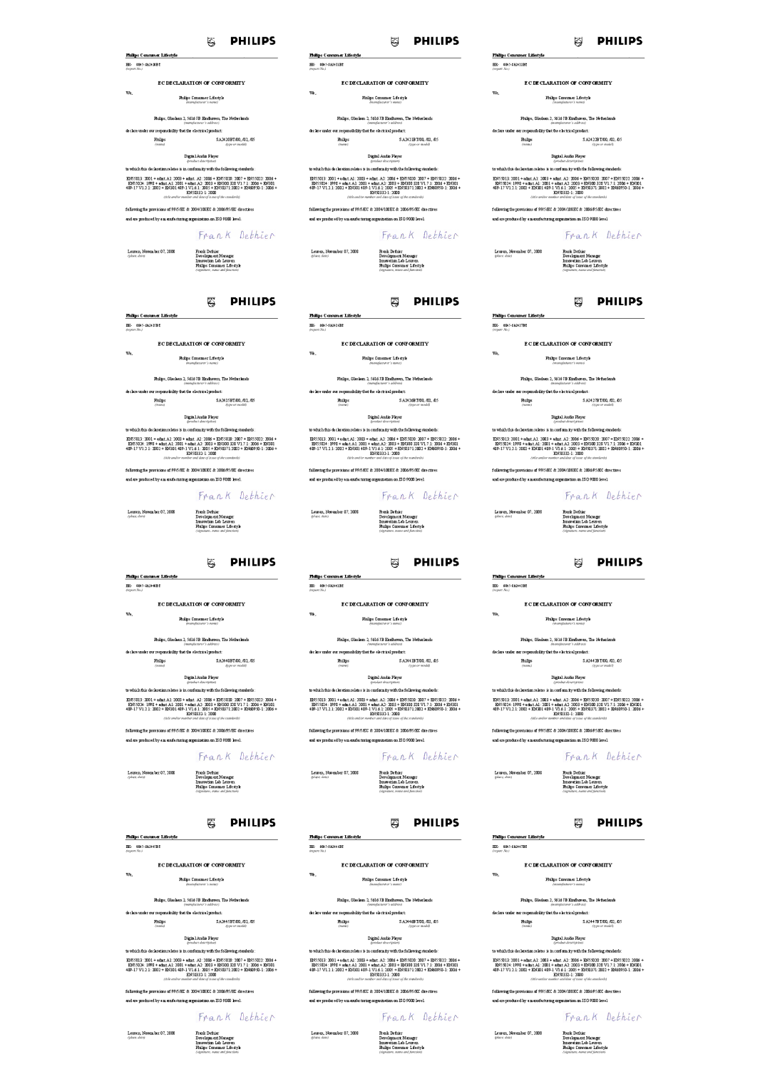 Philips SA2446BT, SA2441BT, SA2445BT, SA2442BT, SA2440BT, SA2427BT, SA2425BT, SA2447BT, SA2420BT EC Declaration of Conformity 