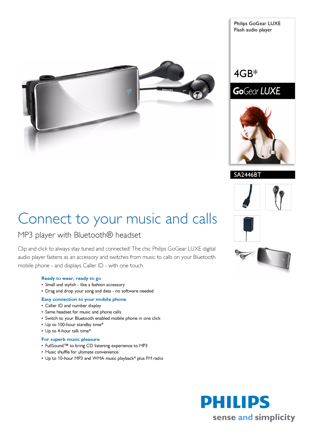 Philips SA2446BT manual Ready to wear, ready to go, Easy connection to your mobile phone, For superb music pleasure 