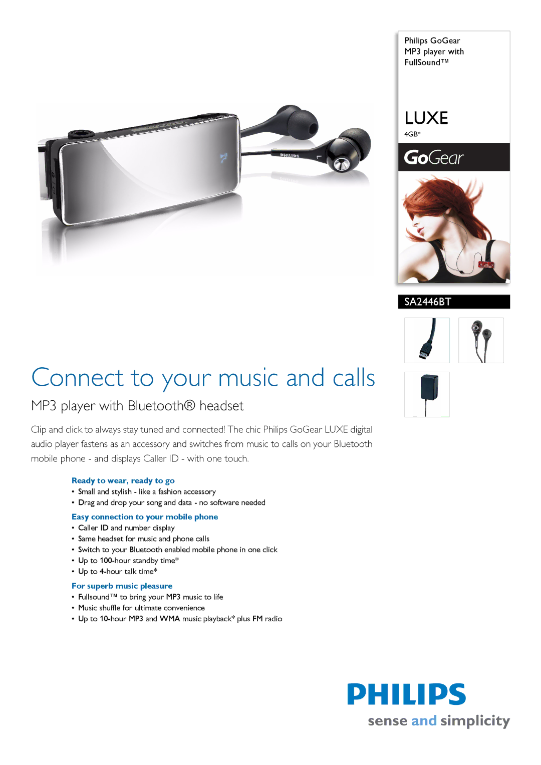 Philips SA2446BT/97 manual Ready to wear, ready to go, Easy connection to your mobile phone, For superb music pleasure 