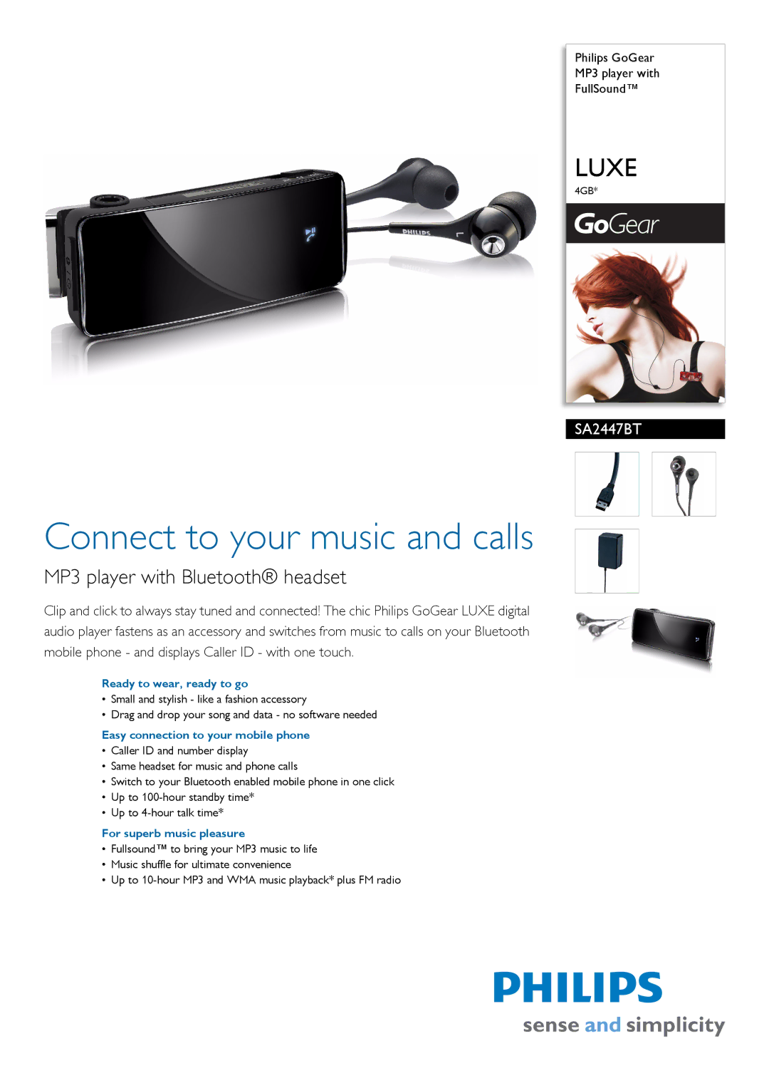 Philips SA2447BT/97 manual Ready to wear, ready to go, Easy connection to your mobile phone, For superb music pleasure 