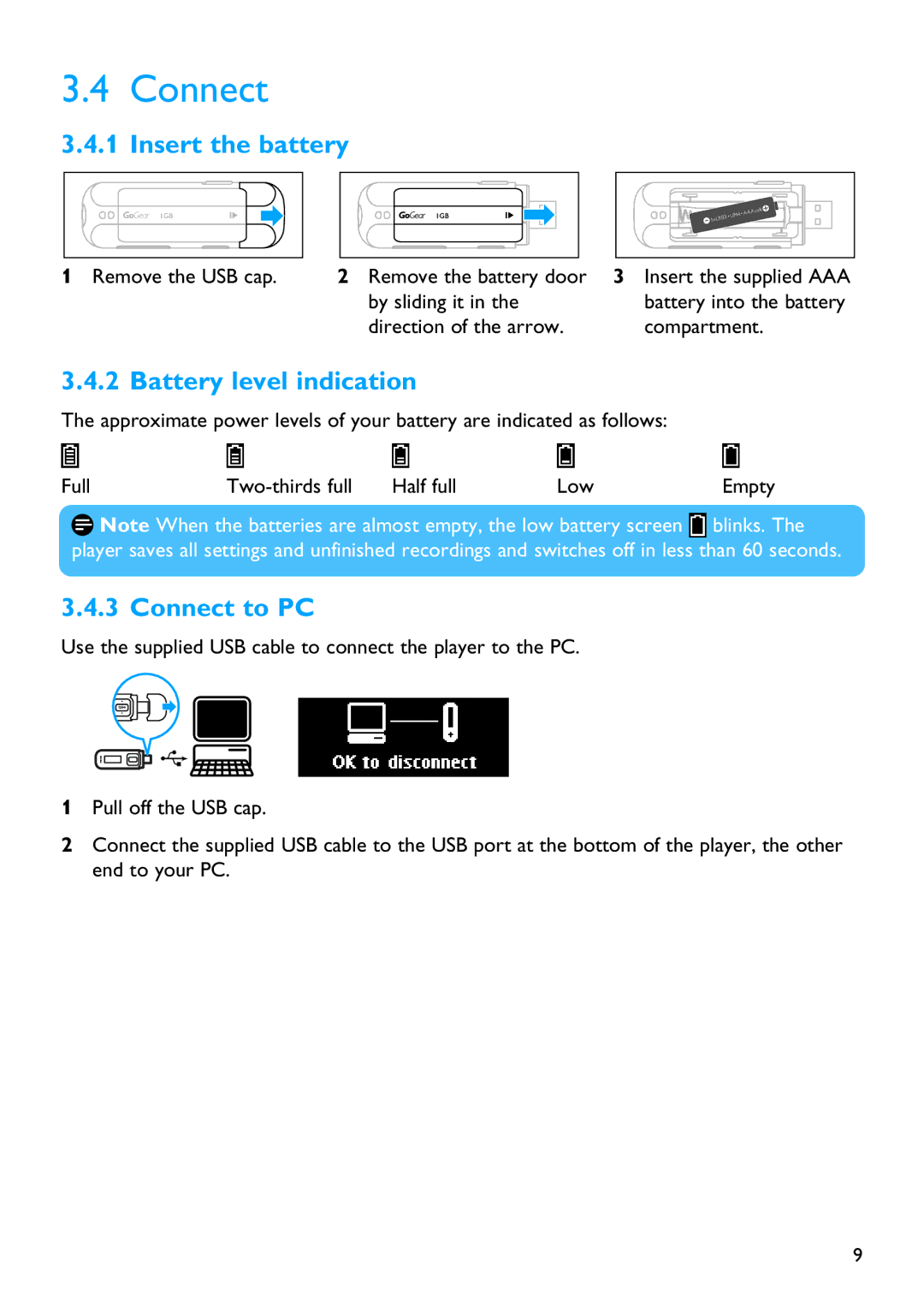 Philips SA2510 manual Insert the battery, Battery level indication, Connect to PC 