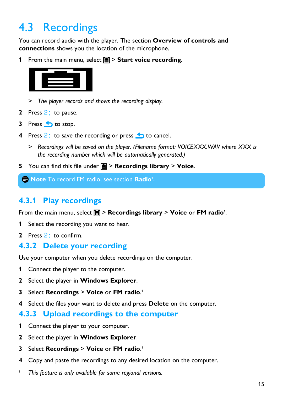 Philips SA2510 manual Recordings, Play recordings, Delete your recording, Upload recordings to the computer 