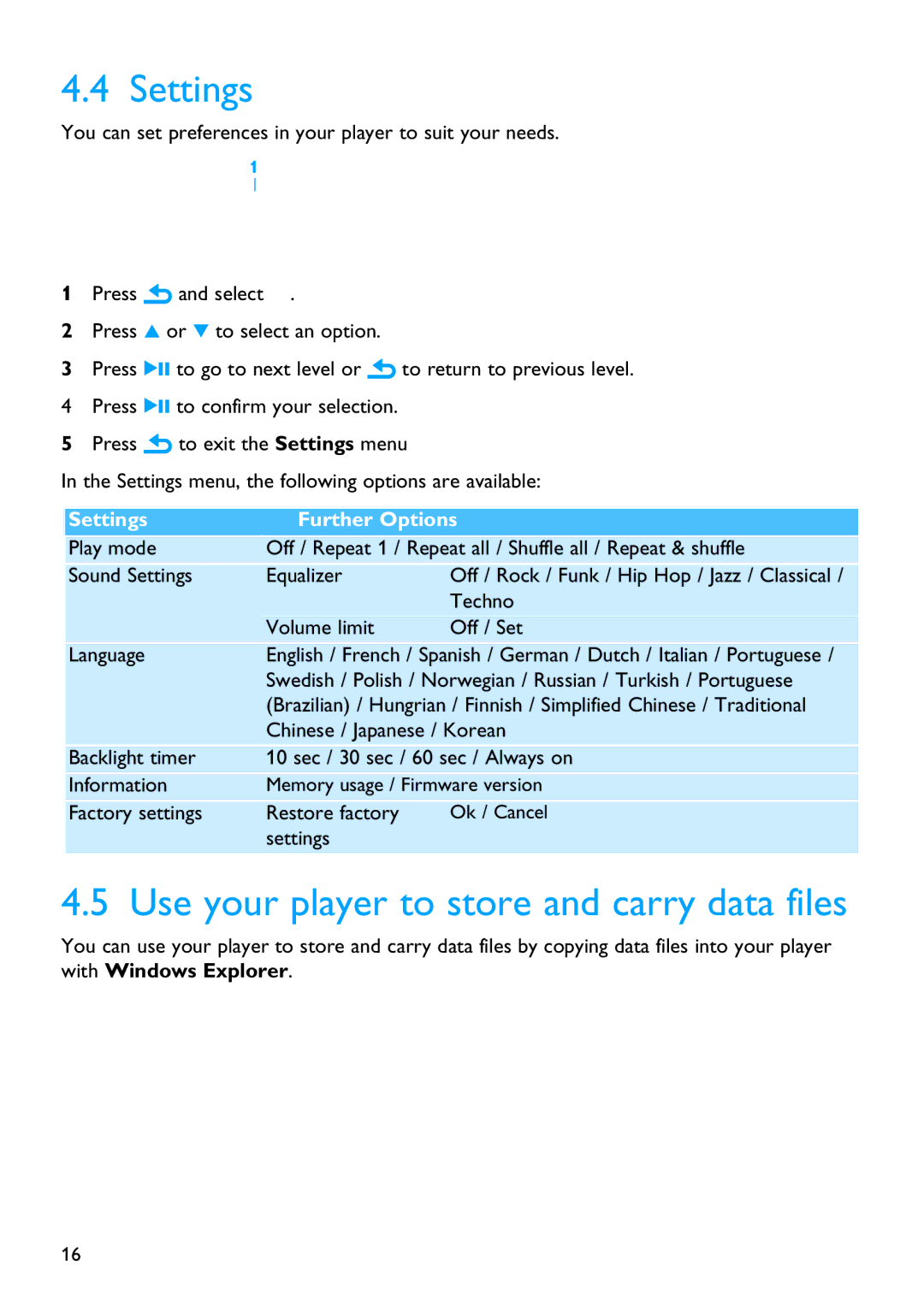 Philips SA2510 manual Settings, Use your player to store and carry data files 