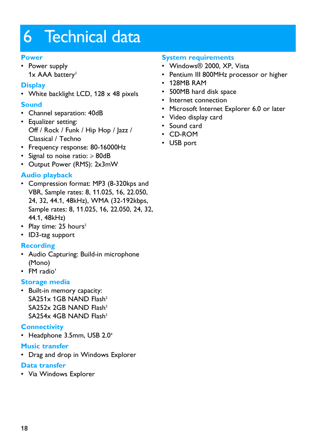 Philips SA2510 manual Technical data 