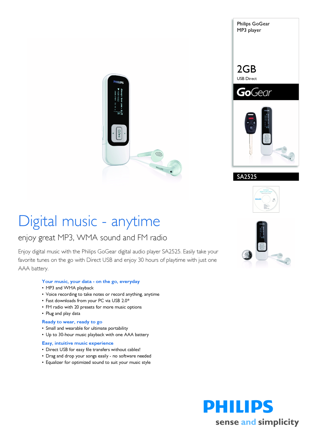 Philips SA2525/97 manual Philips GoGear MP3 player, Digital music - anytime, enjoy great MP3, WMA sound and FM radio 