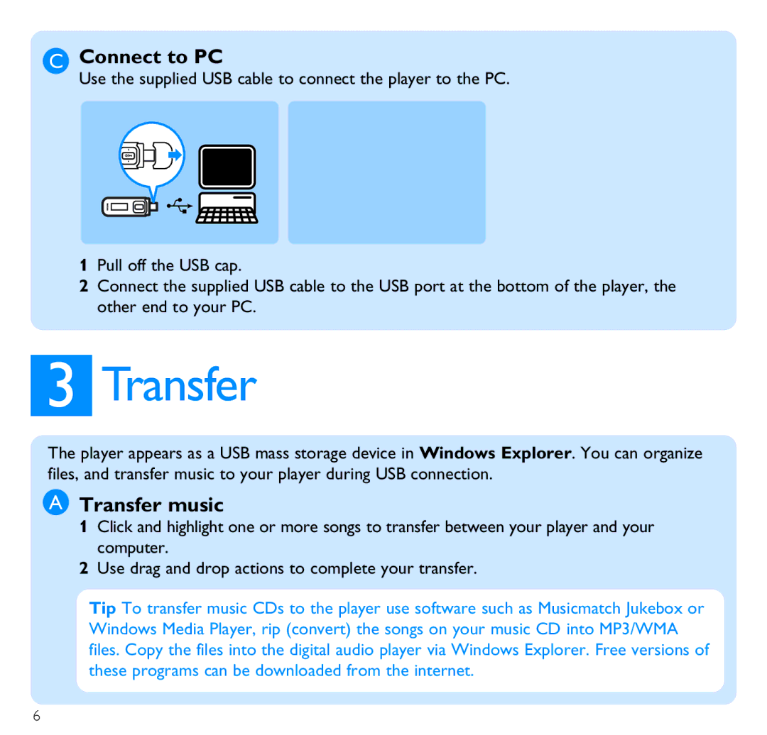 Philips SA2541, SA2526, SA2545, SA2515, SA2546, SA2525, SA2540, SA2516, SA2520, SA2511, SA2521 Connect to PC, Transfer music 