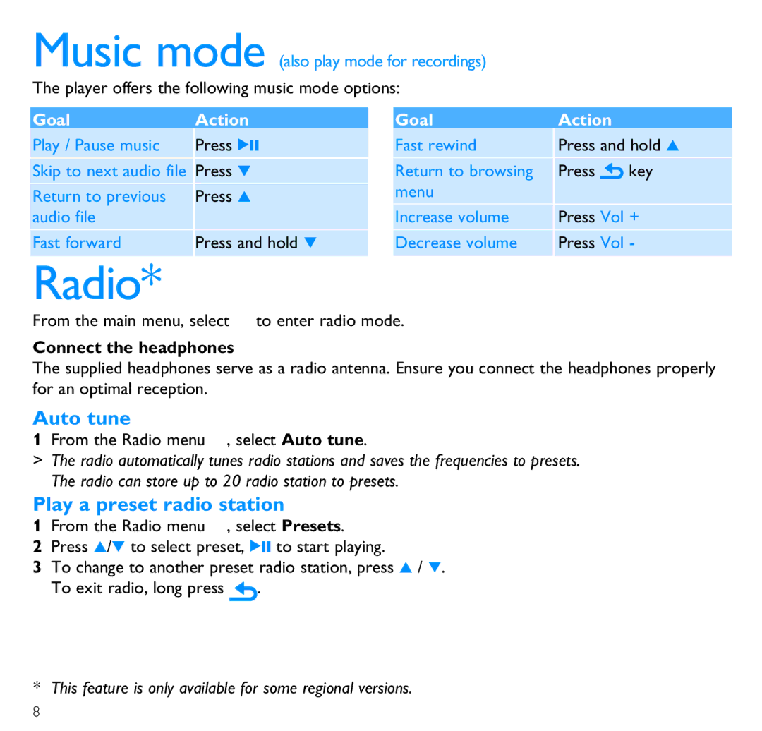 Philips SA2545, SA2526, SA2515, SA2546, SA2525, SA2540, SA2516, SA2520, SA2511 Radio, Auto tune, Play a preset radio station 