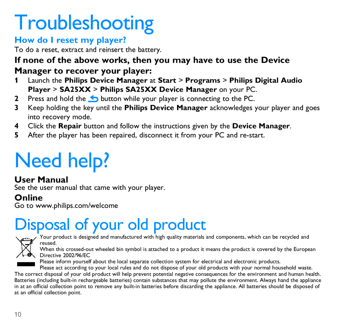 Philips SA2546, SA2526, SA2545, SA2515, SA2525, SA2540, SA2516 Troubleshooting, Need help?, How do I reset my player?, Online 