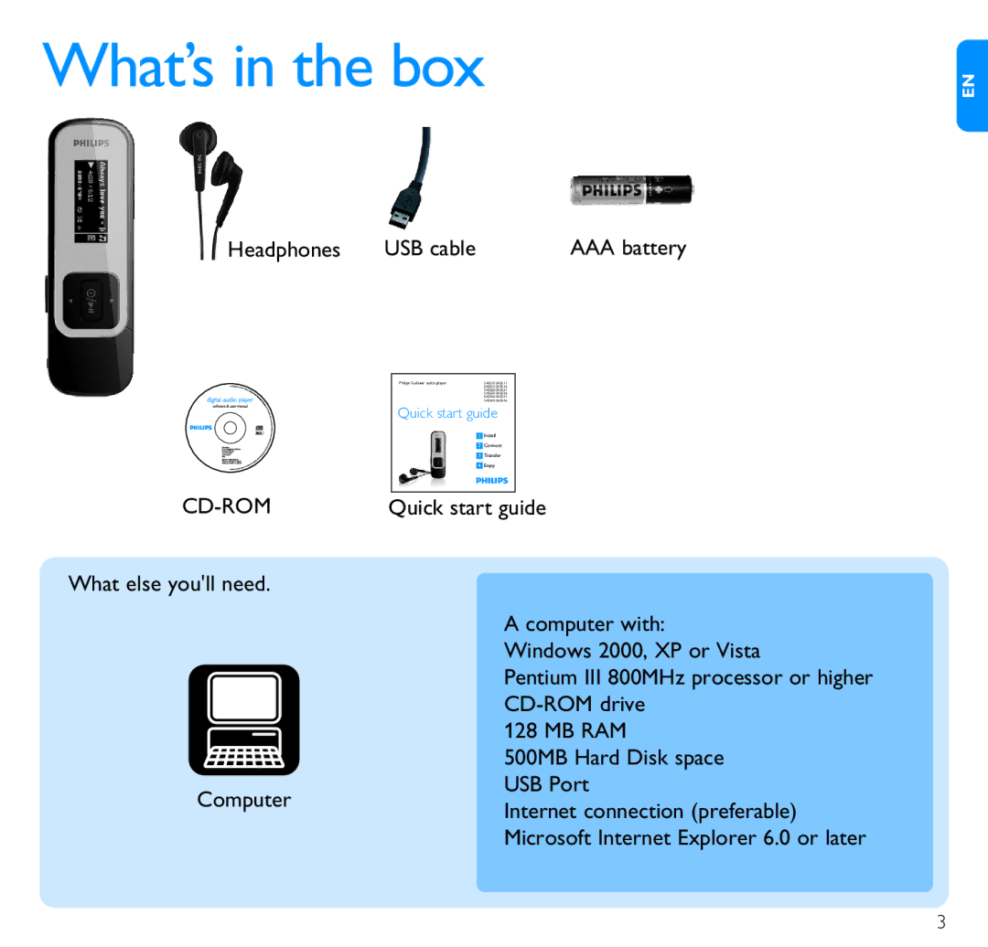 Philips SA2520, SA2526, SA2545, SA2515, SA2546, SA2525, SA2540, SA2516, SA2511, SA2521, SA2541 quick start What’s in the box, Cd-Rom 