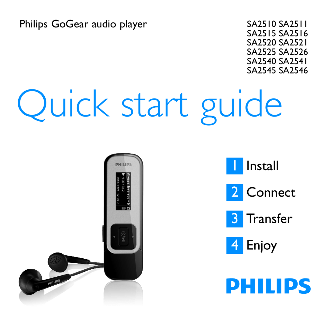 Philips SA2545, SA2526 quick start Philips GoGear audio player, Quick start guide, Install 2 Connect 3 Transfer 4 Enjoy 