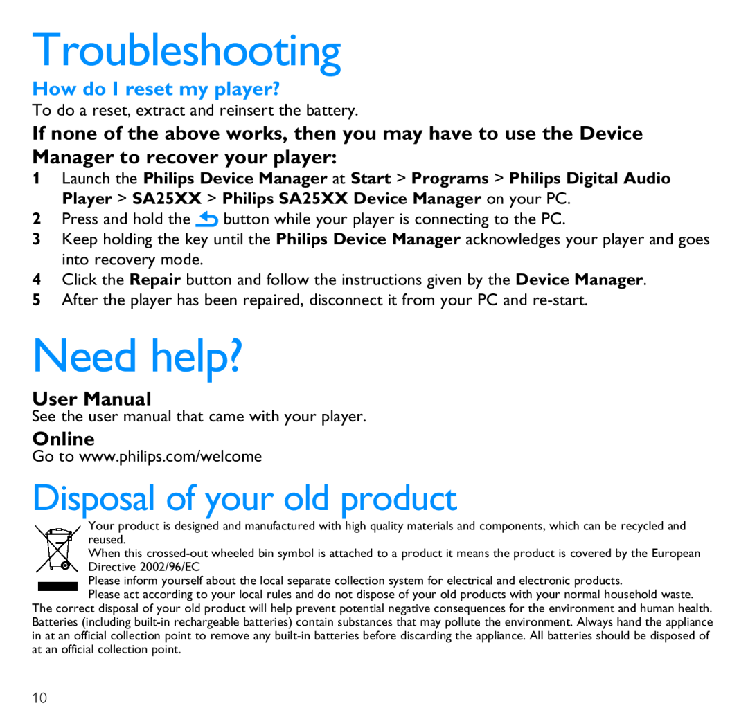 Philips SA2546, SA2526, SA2545 Troubleshooting, Need help?, How do I reset my player?, Online, Disposal of your old product 