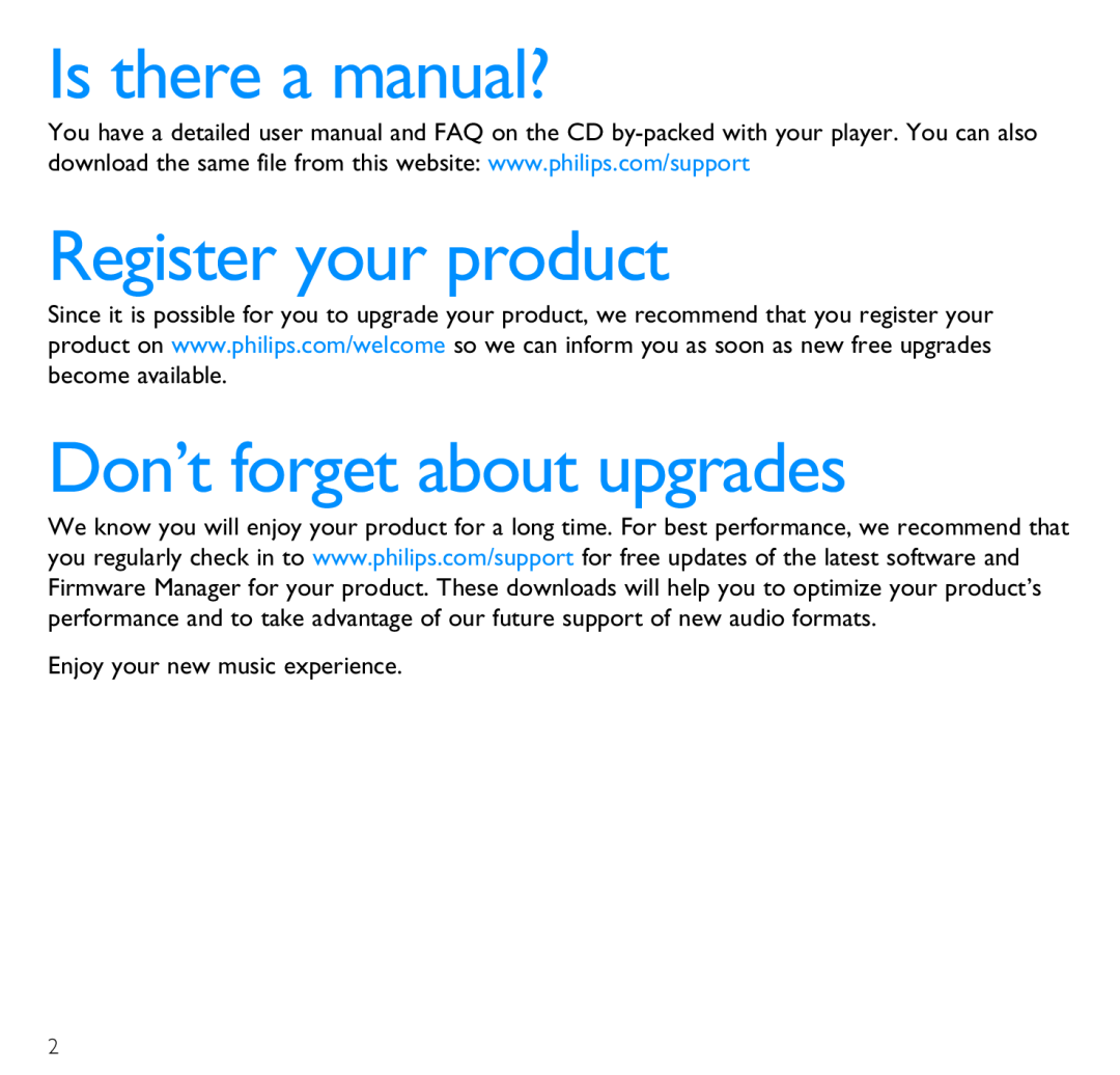 Philips SA2516, SA2526, SA2545, SA2515, SA2546, SA2525 Is there a manual?, Register your product, Don’t forget about upgrades 