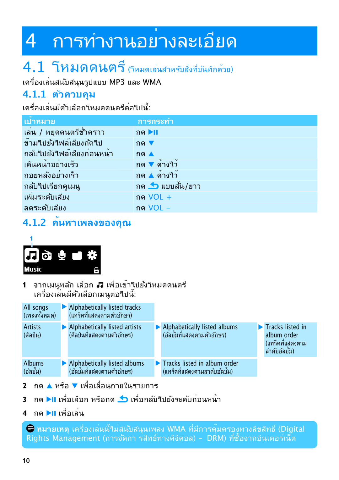 Philips SA2525, SA2526, SA2545, SA2515, SA2546, SA2540, SA2516, SA2520 manual โหมดดนตรี, 1 ตัวควบคุม, 2 ค้นหาเพลงของคุณ 