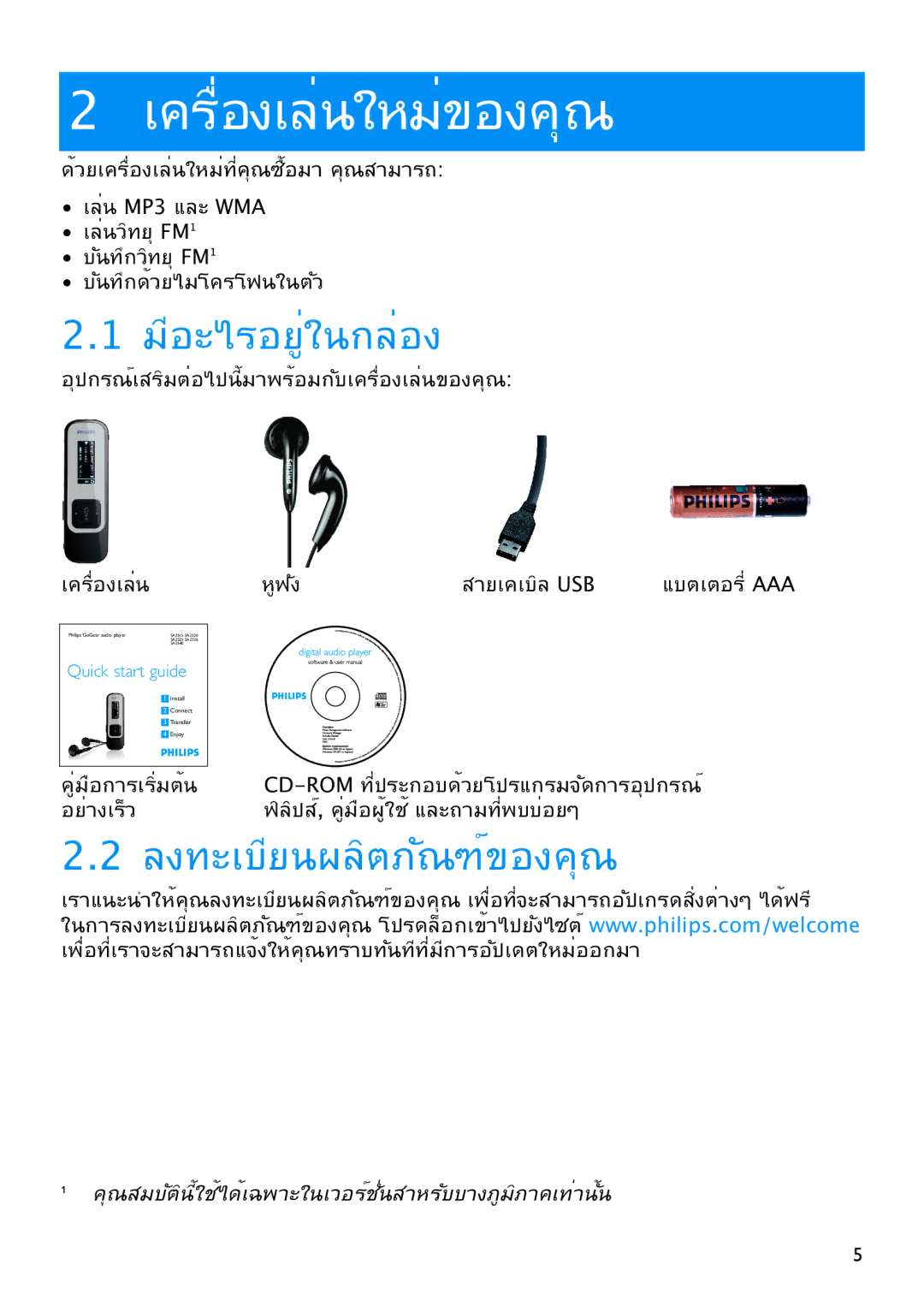 Philips SA2520, SA2526, SA2545, SA2515, SA2546, SA2525, SA2540, SA2516 manual มีอะไรอยู่ในกล่อง 