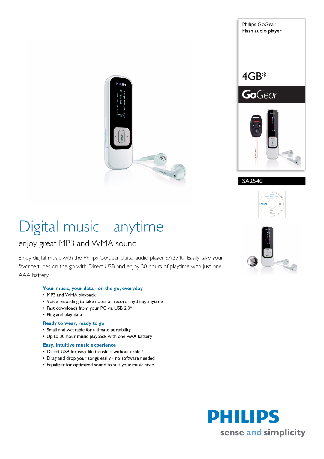 Philips SA2540/02 manual Your music, your data on the go, everyday, Ready to wear, ready to go 