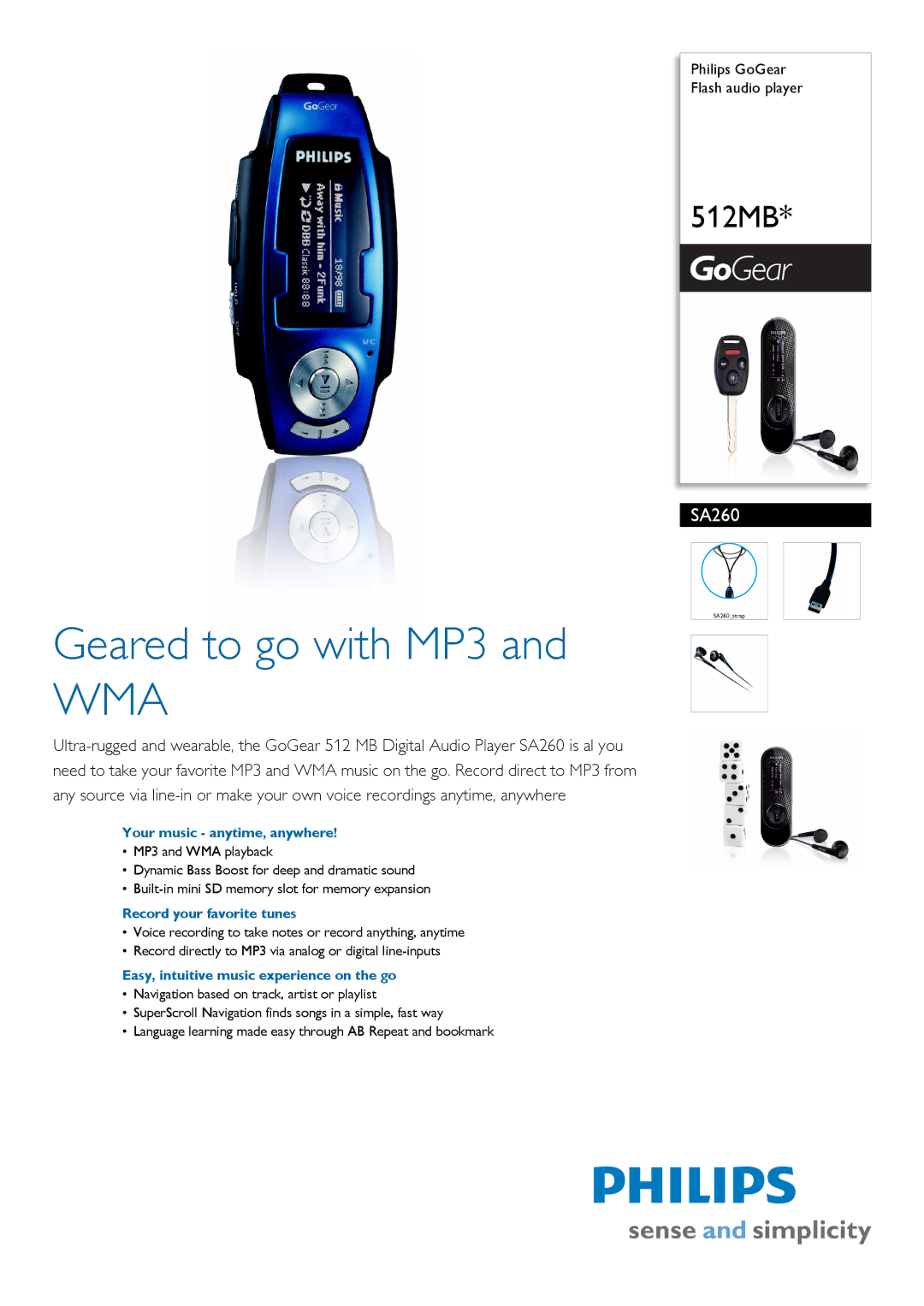 Philips SA260 manual Your music anytime, anywhere, Record your favorite tunes, Easy, intuitive music experience on the go 