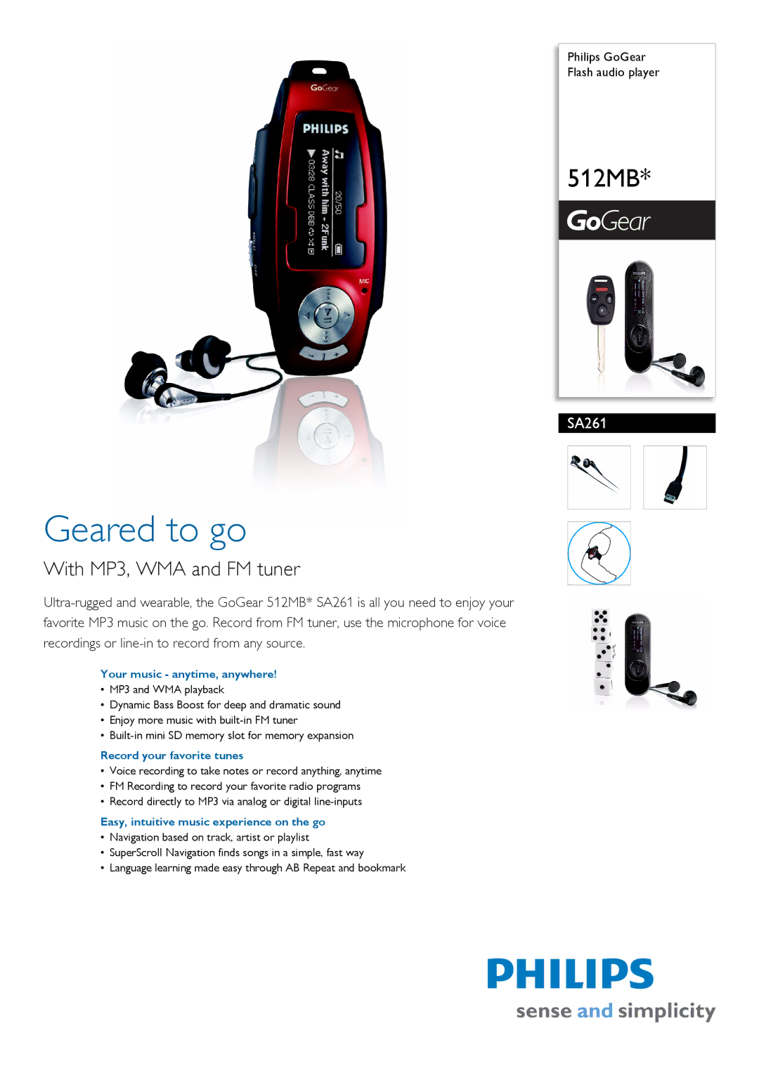 Philips SA261 manual Your music anytime, anywhere, Record your favorite tunes, Easy, intuitive music experience on the go 