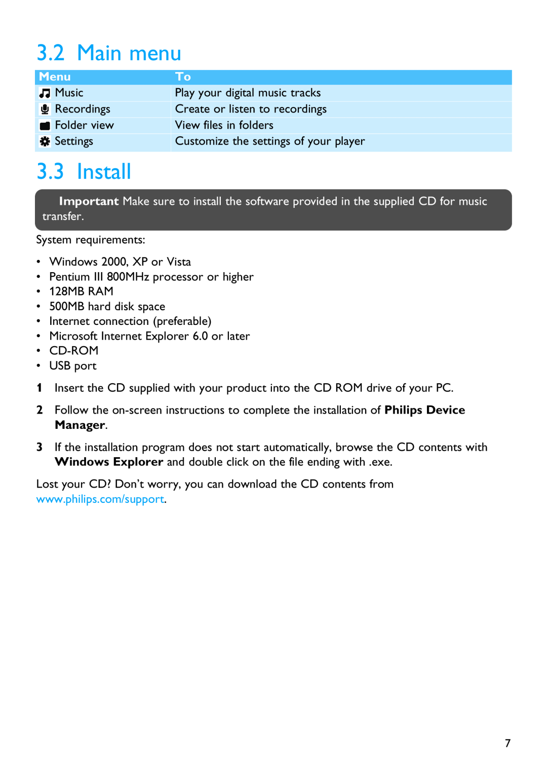 Philips SA2610 manual Main menu, Install, Menu 