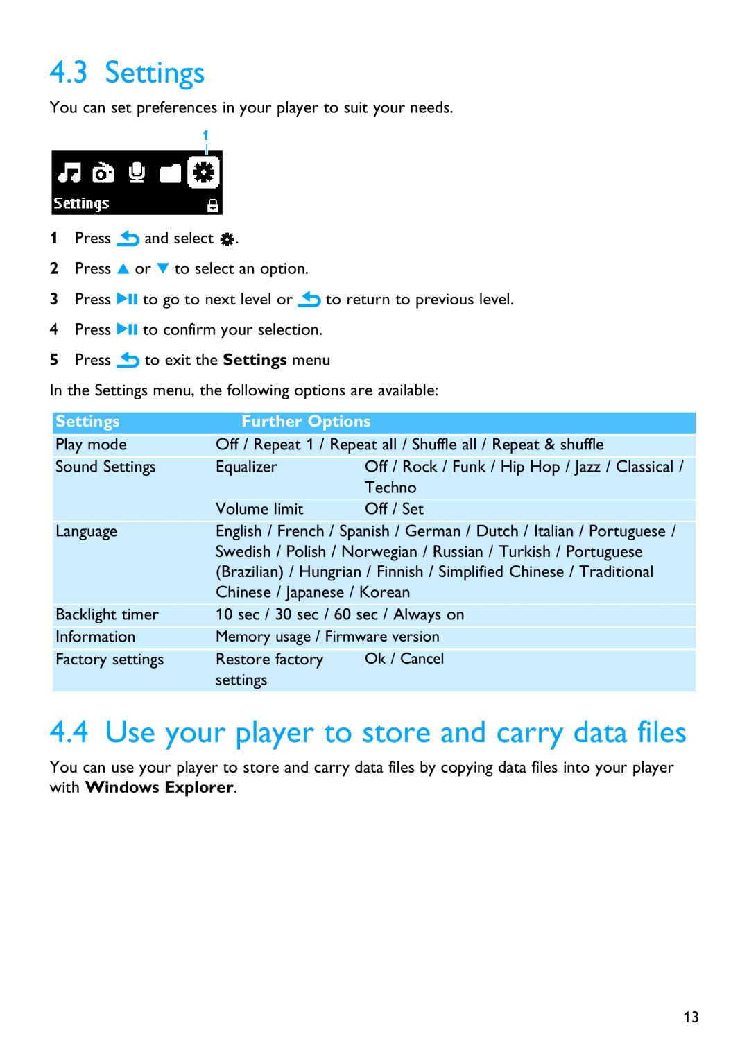 Philips SA2610 manual Settings, Use your player to store and carry data files, Further Options 