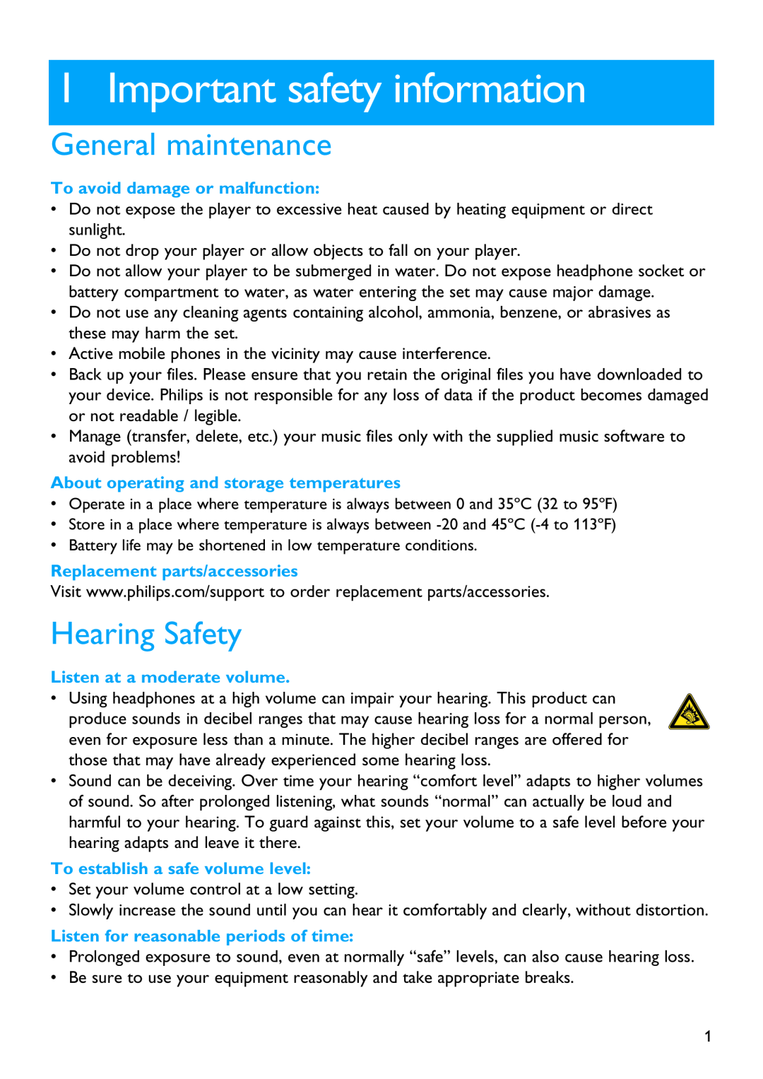 Philips SA2610 manual Important safety information, General maintenance, Hearing Safety, To avoid damage or malfunction 